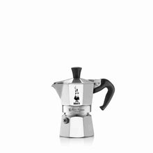Load image into Gallery viewer, A silver Bialetti Moka Express espresso maker with a black handle and knob.