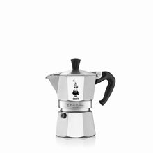 Load image into Gallery viewer, A silver Bialetti Moka Express espresso maker with a black handle and knob.