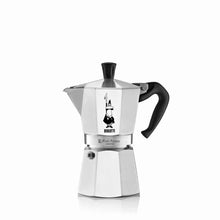 Load image into Gallery viewer, A silver Bialetti Moka Express espresso maker with a black handle and knob.