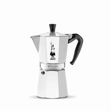 Load image into Gallery viewer, A silver Bialetti Moka Express espresso maker with a black handle and knob.