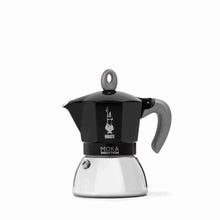 Load image into Gallery viewer, Black and silver Moka induction coffee maker on a white background