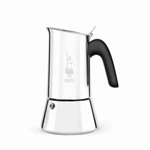Load image into Gallery viewer, Stainless steel espresso maker with black handle on a white background