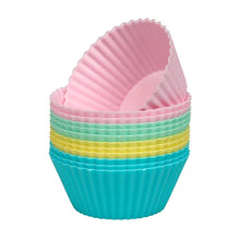 Load image into Gallery viewer, Set of colourful silicone cupcake liners in pink, yellow, and blue on a white background