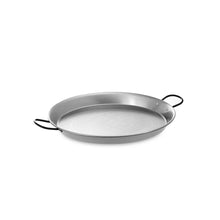 Load image into Gallery viewer, A polished steel paella pan with two handles, viewed from an angle, on a white background.