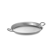 Load image into Gallery viewer, A polished steel paella pan with two handles, viewed from an angle, on a white background.