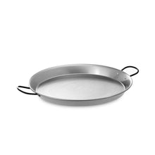 Load image into Gallery viewer, A polished steel paella pan with two handles, viewed from an angle, on a white background.