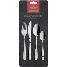 Load image into Gallery viewer, Packaged childs cutlery set with one each of a small spoon, fork, spoon and teaspoon, with the Grunwerg brand visible on the packaging.