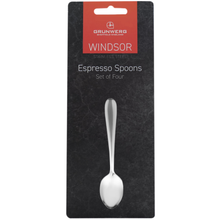 Load image into Gallery viewer, Packaged cutlery set, of four espresso spoons, with the Grunwerg brand visible on the packaging.