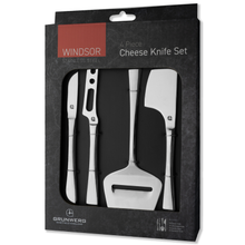Load image into Gallery viewer, Packaged cheese knife set with four different styles, with the Grunwerg brand visible on the packaging.