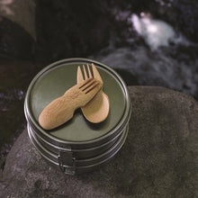 Load image into Gallery viewer, Two bamboo sporks ovelapping on top of a bento style lunchbox