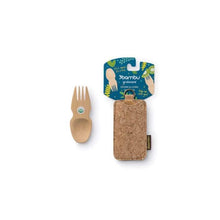 Load image into Gallery viewer, A bamboo spork with a cork sleeve, packaged with a label showing the brand and product name.