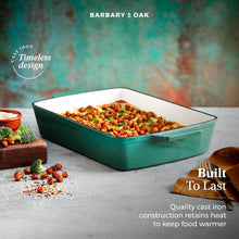 Load image into Gallery viewer, A green roasting tray with two handles on a kitchen counter containing food.