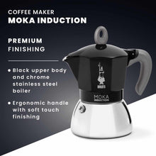 Load image into Gallery viewer, Bialetti Moka Induction coffee maker with black upper body and chrome stainless steel boiler on a dark background.