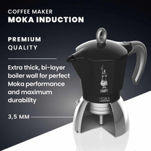 Load image into Gallery viewer, Moka induction coffee maker with text highlighting features on a dark background