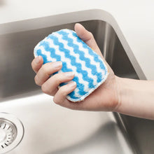 Load image into Gallery viewer, A colourful multi-purpose scrubby made from cotton with a tough side and a soft side and with plastic sponge interior. branded as Kilo ScrubbyPlus, designed for cleaning various surfaces.
