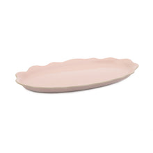 Load image into Gallery viewer, An oval pink ceramic serving dish with a scalloped edge.