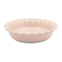 Load image into Gallery viewer, A pink ceramic pie dish with a tall wavy scalloped edge.