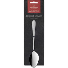 Load image into Gallery viewer, Packaged cutlery set, of four dessert spoons, with the Grunwerg brand visible on the packaging.