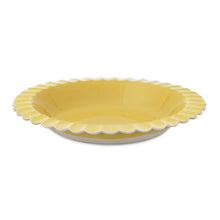 Load image into Gallery viewer, A yellow ceramic pie dish with a scalloped edge.