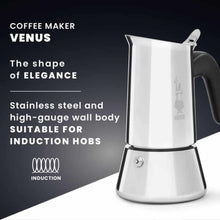 Load image into Gallery viewer, Stainless steel coffee maker with text highlighting features on a dark background