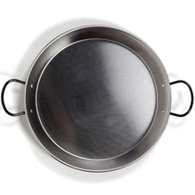 Load image into Gallery viewer, A polished steel paella pan with two handles, viewed from the top, on a white background.
