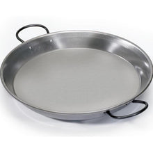 Load image into Gallery viewer, A polished steel paella pan with two handles, viewed from an angle, on a white background.