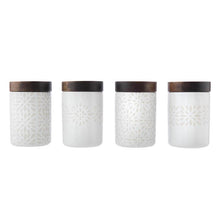 Load image into Gallery viewer, A set of three white stoneware mini storage jars with dark acacia wood lids, displayed against a white background.