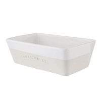 Load image into Gallery viewer, a rectangular roaster in white and cream colours, featuring straight-sided dishes with a two-tone design and ripple pattern along the rim.