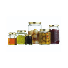 Load image into Gallery viewer, A selection of clear glass preserving jars in various sizes, with metal lids, filled with different food items like jams and pickles.