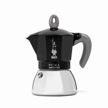 Load image into Gallery viewer, Black and silver Moka induction coffee maker on a white background
