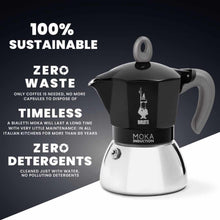 Load image into Gallery viewer, Bialetti Moka Induction coffee maker with sustainability features on a dark background
