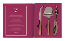 Load image into Gallery viewer, Set of four cheese and wine tools on a pink background with text on the left side.
