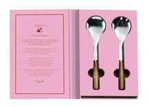Load image into Gallery viewer, Two salad serving spoons with wooden handles in a pink gift box.

