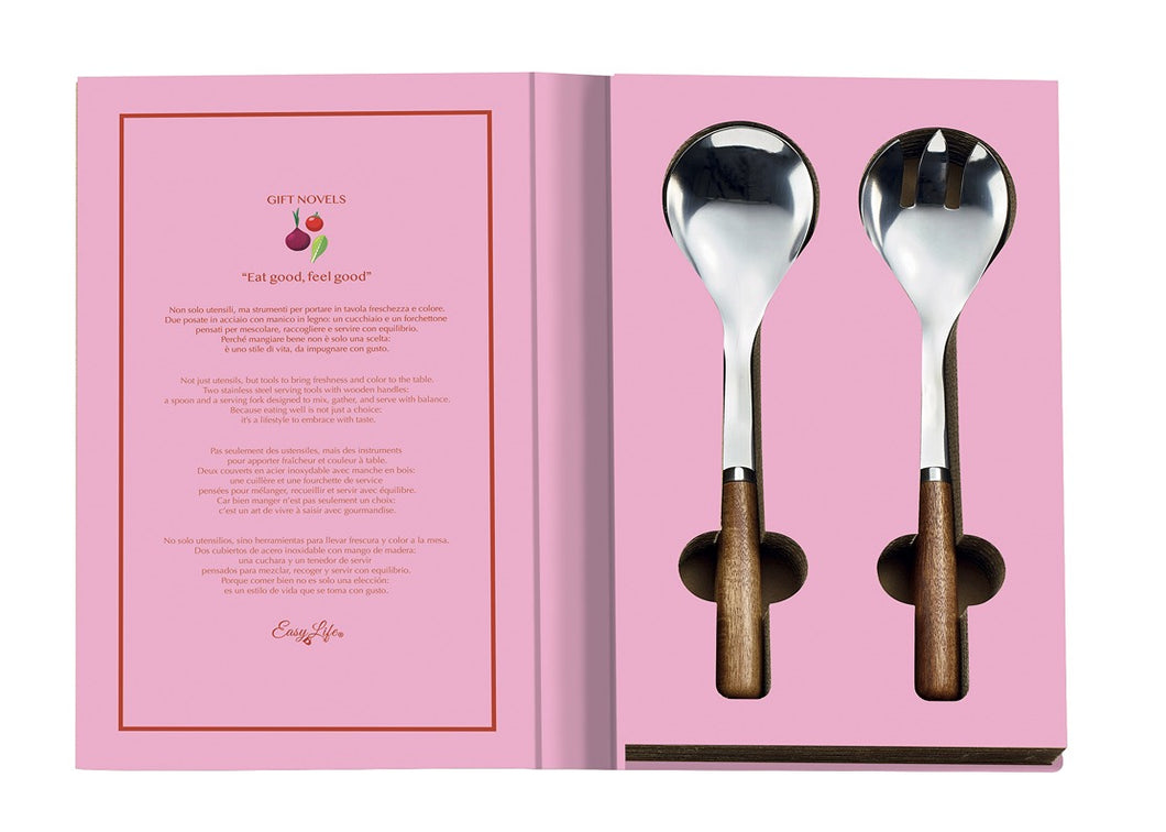 Two salad serving spoons with wooden handles in a pink gift box.