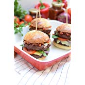 Load image into Gallery viewer, Three burgers on a red tray with skewers, placed on a white surface with a blurred background.
