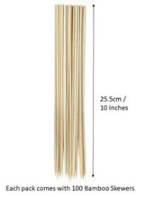 Load image into Gallery viewer, Pack of 100 bamboo skewers with measurement details on a white background
