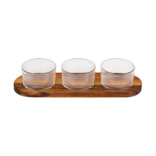 Load image into Gallery viewer, Three glass containers with a wooden tray on a white background
