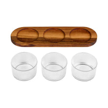 Load image into Gallery viewer, Wooden tray with three glass cups on a white background
