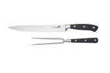 Load image into Gallery viewer, Kitchen carving knife and fork with black handles on a white background
