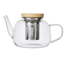 Load image into Gallery viewer, Clear glass teapot with wooden lid and handle on a white background
