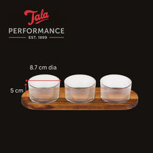 Load image into Gallery viewer, Three glass containers on a wooden stand with measurements and Tala branding.
