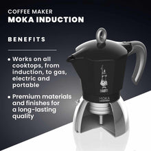 Load image into Gallery viewer, Moka induction coffee maker with benefits listed on a dark background
