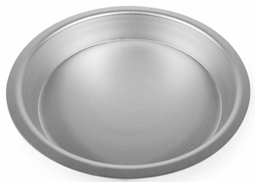 silver aluminium pie dish on a white background