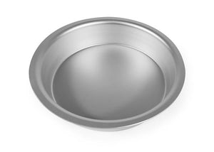 silver aluminium pie dish on a white background