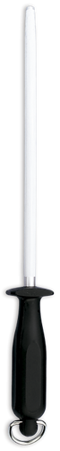 Sharpening steel with black handle and steel hanging ring